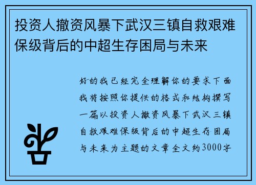 投资人撤资风暴下武汉三镇自救艰难保级背后的中超生存困局与未来